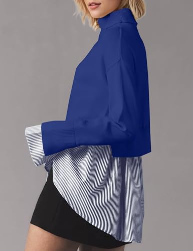 Image of Women Turtleneck Slit Patchwork Knit Pullover Sweater 2 in 1 Asymmetrical Hem Striped Button Down Shirt Tops