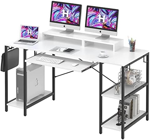 White Desk with Keyboard Tray, 55 INCH Desk with Storage Shelves Modern Computer Desks for Home Office Study Desk with Monitor Shelf Industrial PC Desk Studio Desk with Iron Hooks, Easy to Assemble