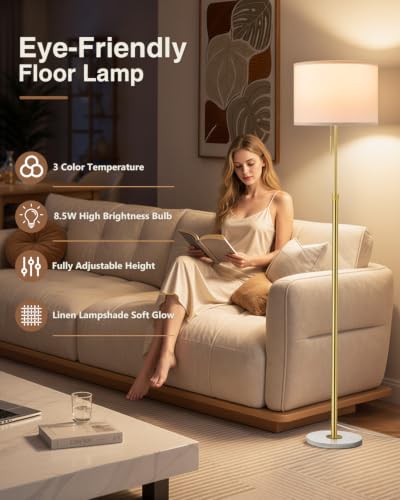 Image of Ambimall Height Adjustable Modern Gold Floor Lamp, Gold & White