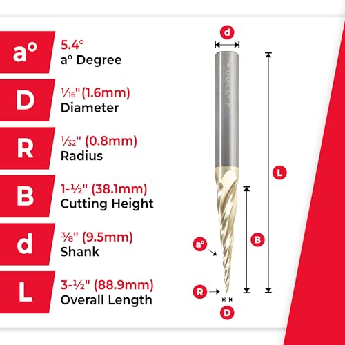 Image of Amana Tool Up Cut Spiral CNC Router Bits for 2D /3D Carving, ZrN Coated, 46582, 5.4 Deg Tapered Angle Ball Tip 1 /16 D x 1 /32 R x 1-1 /2 x 3 /8 Shk x 4 Fl