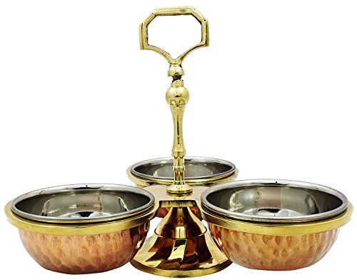 SKAVIJ Copper Steel Serving Pickle, Condiment Dish Rack 3-Bowls Set 6 Ounce