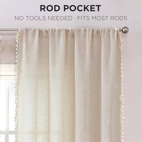 Image of Joydeco Linen Boho Curtains 90 Inch Curtains 2 Panels Set, Boho Curtains for Bedroom Living Room, Super Soft Light Filtering Country Rustic Semi Sheer Farmhouse Curtains Rod Pocket