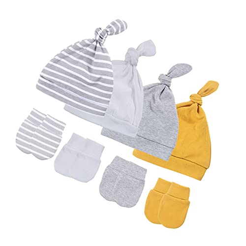 Image of 4 Sets Infant Beanies Caps with Scratch Mitten Pack Newborn Hospital Hats Mitten Set for Baby Girls Boys