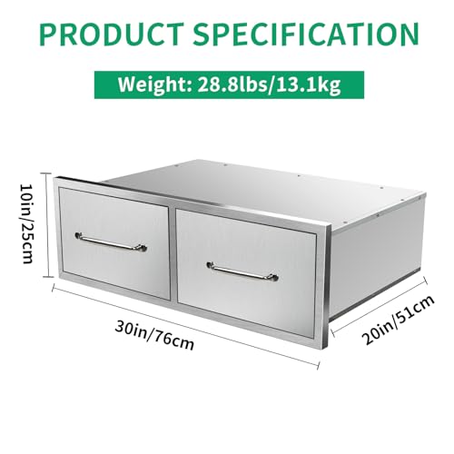 Image of Outdoor Kitchen Drawers 30 inch W x 10 inch H x 20 inch D Stainless Steel Single Drawers with Ergonomic Handle for BBQ Island, Patio Grill Station & Outdoor Kitchen Cabinets