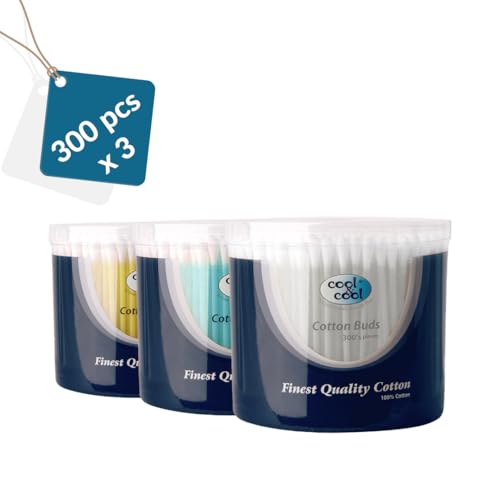 Cool & Cool Ear Buds - 300s(Pack of 3) - Round Thick Tips Cotton Swabs 100% Cotton Double Tipped Hygienic Gentle & Safe Swabs for Ears - 900 Pieces - Assorted
