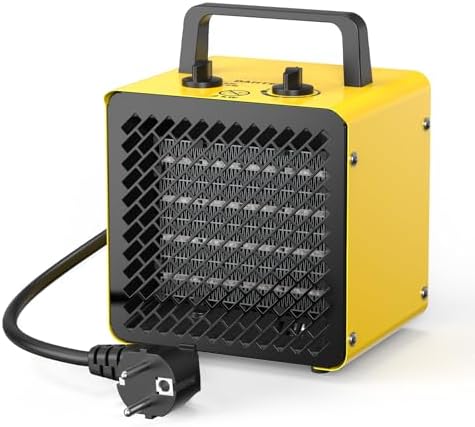 DAHTEC Keramik Heizlüfter 2000 Watt PTC Elektroheizer Metallgehäuse, Gelb | Elektro Bauheizer mit Thermostat, 2 Heizstufen & Ventilatorfunktion, Überhitzungsschutz, für Werkstatt,
