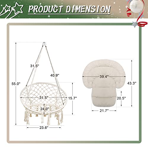 Hammock Chair with Cushion, Handmade Macrame Swing Chair with Hanging Hardware Kits, Bohemian Style Cotton Rope Hanging Chair for Bedroom Indoor Outdoor, Beige - view 3