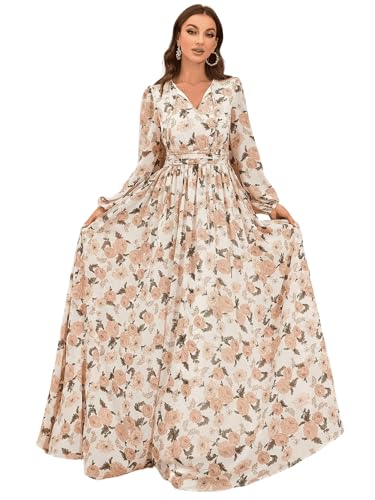 Image of TOLEEN Summer Casual Dresses for Women 2024 Spring Fashion Boho V Neck Long Sleeve Ruffle Floral Print Elegant Maxi Dress