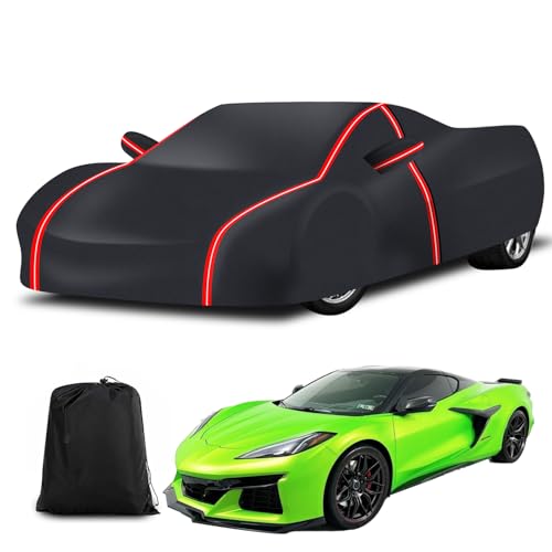 Image of Waterproof Car Cover for Corvette C8 2020-2026,All Weather Outdoor 230T Polyester with Driver Door Zipper, Snow Rain Dust Sun UV Protection, Includes Storage Bag(Black+Red)