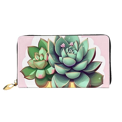 Portefeuille grande capacité Cartoon Succulents avec fermeture éclair pour femme