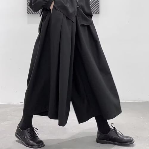 Pantalones Hakama de pierna ancha para hombre, estilo gótico, oscuro, ajuste holgado, con diseño de estilo samurái, para vacaciones casuales y actividades diarias (L, negro)