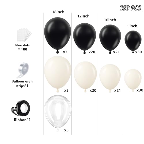 Image of 153Pcs Black and Sand White Balloons Garland Arch Kit - 18 12 10 5 inch Different Size Black Cream White Confetti Balloons for Birthday Wedding Bridal Shower Anniversary Prom Party Decorations