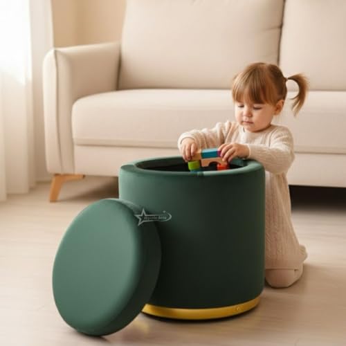 Image of Velvet Round Single Strip Ottoman Office Stool Foot Rest Stool Velvet Fabric Padded Seat Pouf Ottoman 16 X 16X 19 inch, in Round Shape for Living Room Dark Green