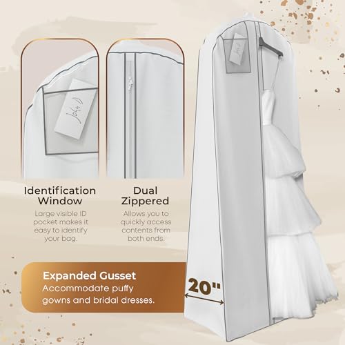 Your Bags Wedding Dress Garment Bag - Garment Bags for Travel & Hanging Clothes or Storage Preservation - 72" Wedding Dress Bag for Gowns Long with 20" Gusset for Puffy Bridal Gowns Cover -White/Grey4