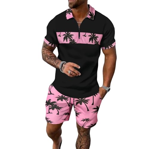 Men's shorts suit two-piece polo shirt fashion summer sports casual suit men's 1/4 zipper short sleeve
