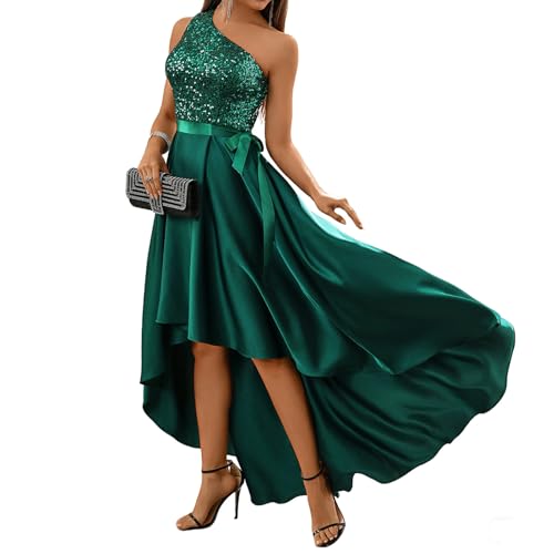 Fodebu Green One Shoulder Cocktail Prom Sequin Dresses Satin Formal Wedding Guest Dresses High Low...