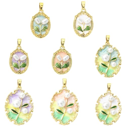 Ipotkitt 8 piezas de 8 estilos de latón esmaltado ovalado con dijes de flores con perlas de imitación ABS vintage florales tulipanes para manualidades, joyas, pulseras, collares, aretes, manualidades