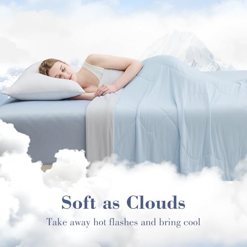 EMME Cooling Comforter Twin Size, Double-Sided Cooling Blanket for Hot Sleepers, Q-Max>0.45 Breathable Summer Quilt for Night Sweater, Cold Touch Lightweight Duvet Insert (Blue,68 x 90)