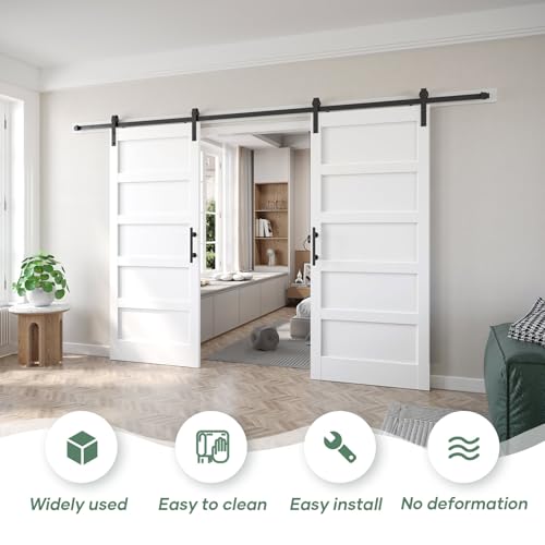 Image of FREDBECK White Barn Door 68x84 (Double 34in x 84in) with Hardware Kit & Handle Included,5-Panel Interior Doors,Water-Proof PVC Surface,Pre-Drilled Holes,Need Assembly