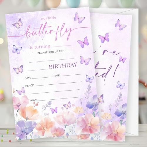 Gsauto Butterfly Birthday Invitations, 20 Invitation Cards with Envelopes, Purple Floral Invites for Girl Party Decorations Favor Supplies - A01