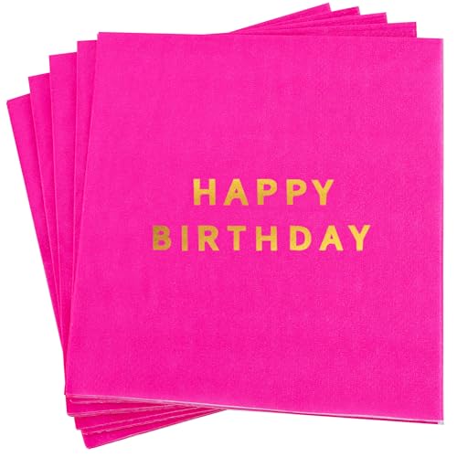 Vuzvuv 52 Pack Gold Foil Happy Birthday Cocktail Napkins - Birthday Party Dinner Hand Napkin for Party Supplies Decorations Table Decor for women man(5 Folded 3 Ply-Hot Pink)
