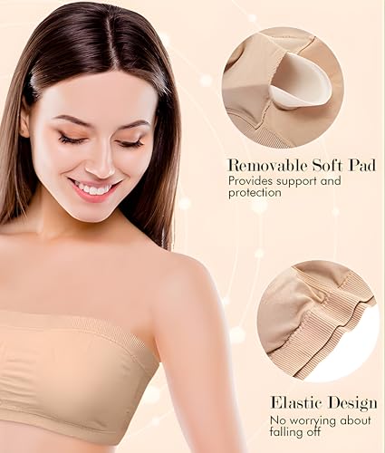 Image of GLAMORAS Polyester Spandex Padded Strapless Non Wired Removable Pads Seamless Bandeau Tube Top Bra, Pack of 2