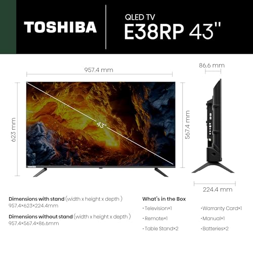 Image of Toshiba 108 cm (43 Inches) HD Ready Smart QLED Google TV | 30W Powerful Speakers | Super Bright Panel | Dolby Audio, DTS TruSurround | HDR 10 | Voice Control | 43E38RP (Black)