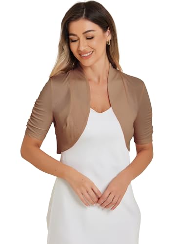 Image of Allegra K Short Sleeve Shrugs for Women Ruched Sleeve Open Front Cropped Bolero Cardigan