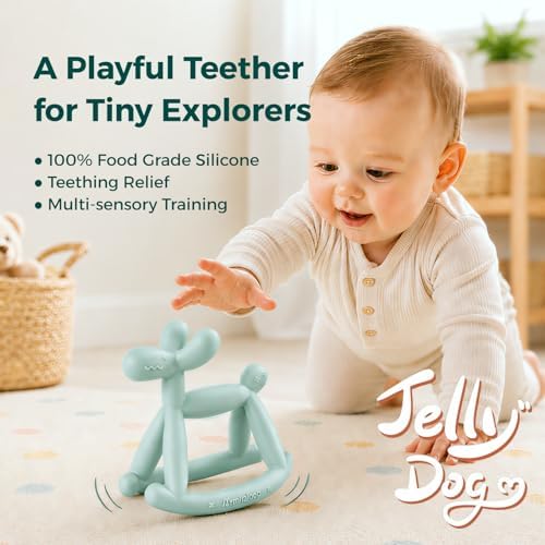 MiraloopTeething Toy for Baby 0-6, 12, 18 Months Infant, Jellydog Never Drop Food Grade Silicone Rocking Teether, Prevent Choking & Odorless, Less Dust and Hair Adhesion, Baby Gift, Mint Green 1