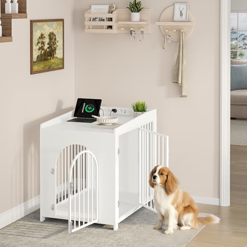 Hzuaneri Hundekäfig Möbel Beistelltisch, Hundebox mit USB-Anschluss und Steckdose, 2 Türen, Bogentür, Moderne Hundebox Indoor für mittlere/kleine Hunde, Hundekäfig für Zuhause, 90 x 63 x 79 cm, Weiß