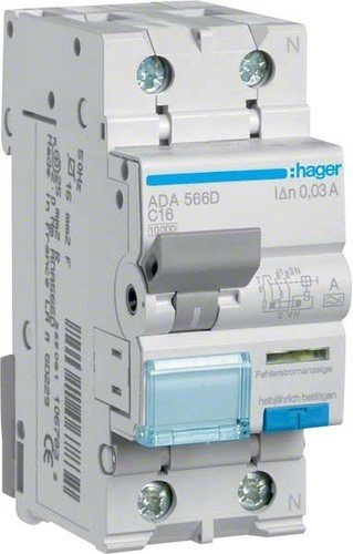 Hager FI/LS-Schalter 1P+N 10kA C-16A 30mA ADA566D
