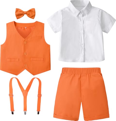 Image of A&J DESIGN Baby & Toddler Boys 3Pcs Suspenders Suit Set, Dress Shirt, Bow Tie, Vest and Shorts (12M - 5T)