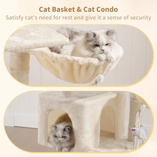 Image of Heybly Cat Tree with Toy, 43.3 inch Cat Tower for Indoor Cats HCT004SM | Cat Condo with Durable Sisal Scratching Posts, Cat House with Padded Plush Perch, Cozy Hammock, Beige