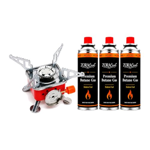 Image of Butane Fuel Camping Stove with Foldable Burner, 225g, for Outdoor Cooking (stove + 3 butane gas)