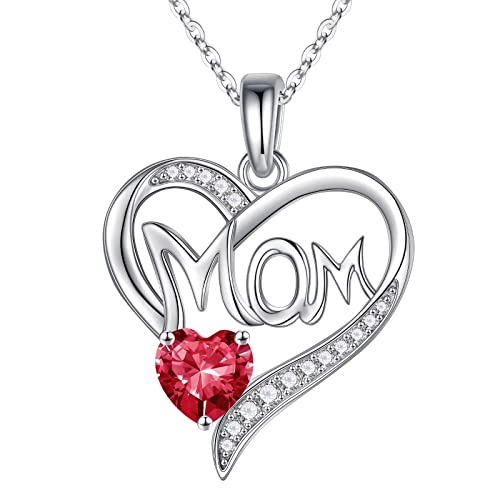Birthstone Necklace for Mom Birthday Gifts, 925 Sterling Silver July Birthstone Ruby Necklace Mom Jewelry Anniversary Christmas Mothers Day Birthday Gifts for Mom Bonus New Mom from Daughter Son