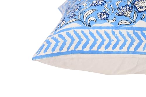 Image of Cotton Cushion Covers 16x16 Inch - Hand Block Floral Print Pillow Covers for Sofa, Couch & Bedroom (Pack of 5) (Blue)