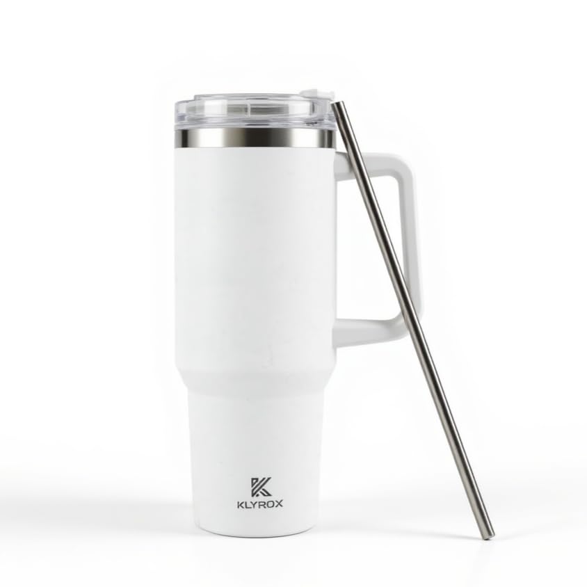 Image of 1200ml Stainless Steel Tumbler with Handle and Straw | Leak Proof Travel Mug | BPA Free Reusable Drinking Cup for Office, Travel, Gym & Car (White)