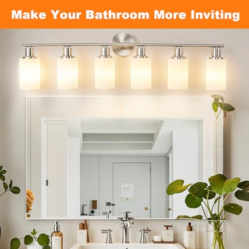 Image of DLLT 6-Light Bathroom Light Fixtures: Nickel Modern Vanity Lights with E26 Bulbs - Milky White Glass Shade Bathroom Wall Lamp for Mirror Kitchen Living Room Hallway Cabinet Porch
