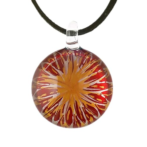 Chuvora Hand Blown Venetian Murano Glass Red with Yellow Flower Pendant Necklace, 18-20 inches