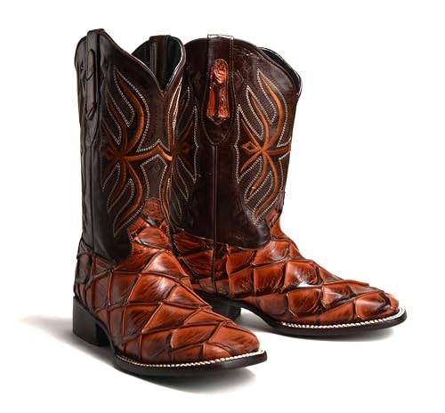 Joe Boots 708 Exotic Pirarucu Leather Print Men's Embroidered Square Toe Cowboy/Rodeo Boots Leather outsole