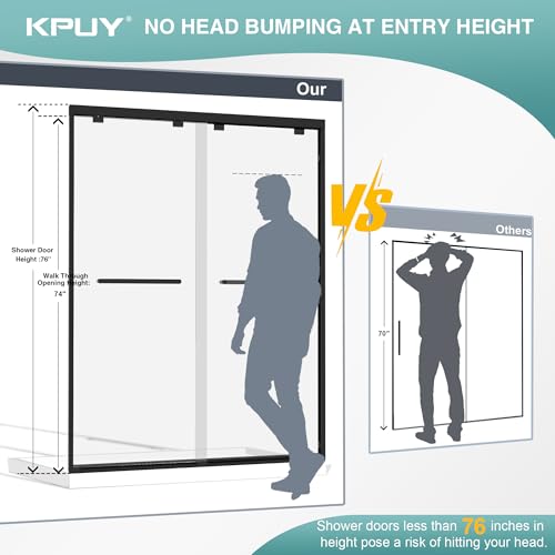 KPUY Glass Shower Door, 44-48" W x 76" H Semi-Frameless Double Sliding Shower Door, 1/4" (6mm) Thick Tempered Clear Glass with Explosion-Proof Film Nano Coating, Matte Black