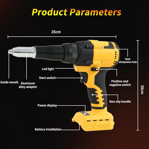Cordless Rivet Gun Compatible with Dewalt 18V 20V Battery, 3/16" 5/32" 1/8" Brushless Electric Rivet Gun with LED Light, Portable Automatic Rivet Nut Gun Kit with 20 Rivets(Battery Not Included) - Image 8