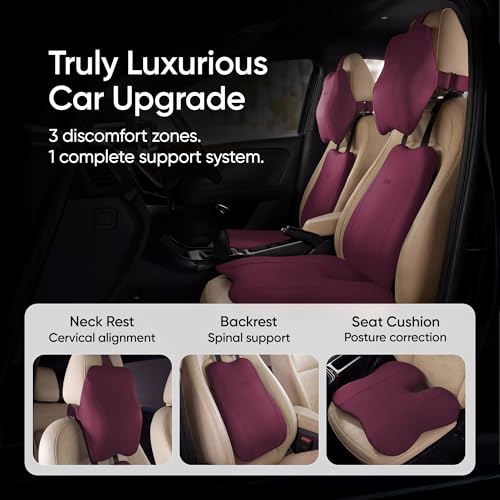 Image of Frido Premium Car Comfort Bundle with Memory Foam Neck Rest, Lumbar Backrest and Wedge Seat Cushion Set of 3, Ergonomic Neck Back and Tailbone Support for Long Drives and Daily Commutes | Maroon