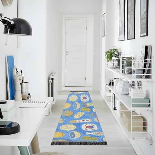Tapis antidérapant lavable bleu coréen grand passage avec pompons