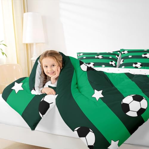 Image of Feelyou Soccer Comforter Set Full Size Kids Football Pattern Games Bedding Set for Boys Girls Teens Sports Theme Green Geometric Stripes Duvet Quilt Room Decor