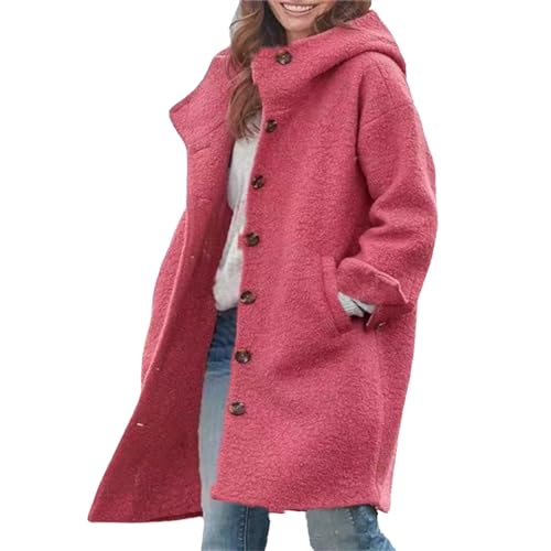 Wintermantel Damen Wolle Trenchcoat mit Kapuze Teddy-Langmantel mit Kapuze Wollmantel Zweireiher Damen Wintermantel Warmer Trenchcoat Langer Mantel Winddichter Jacke Cardigan mit (Hot Pink, XL)