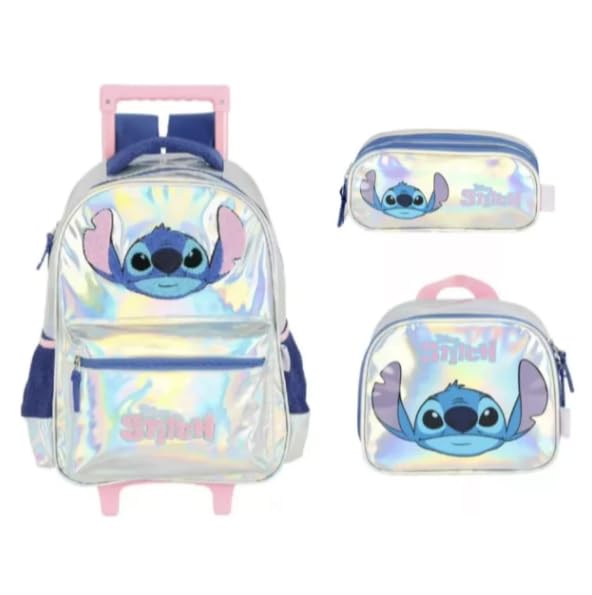 Kit Mochila De Rodinha Stitch Estojo e Lancheira Holografica Prata