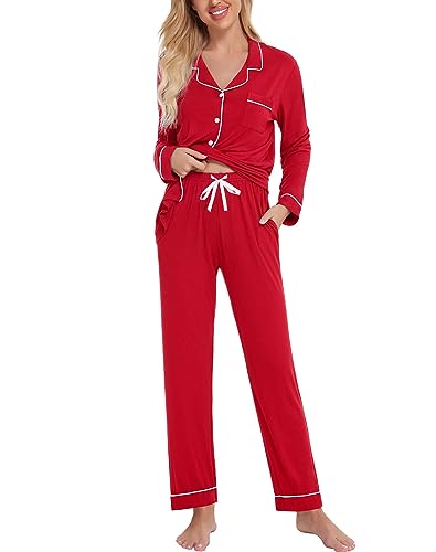 Image of SWOMOG Womens Pajamas Set Long Sleeve Sleepwear Button Down Nightwear Soft Cotton Pj Lounge Sets
