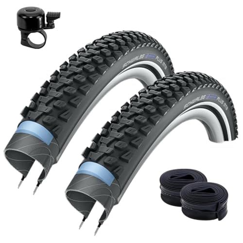 2 x Schwalbe Marathon Plus MTB Unplattbar Reifen mit Reflex 54-559 (26 x 2,10) + 2 Schwalbe Schläuche DV13 inkl. Fahrradklingel