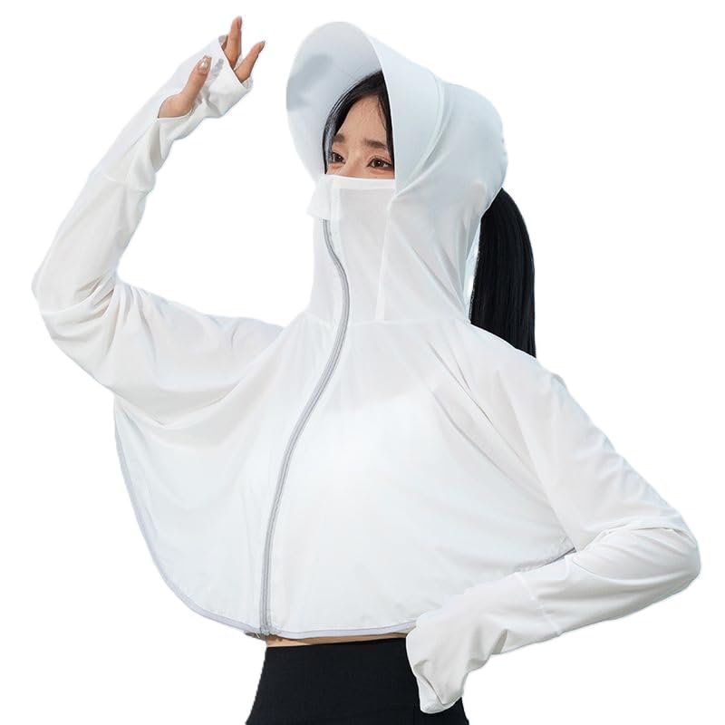 Size-L White Women's UV Protection Jacket, Light weight Summer Sun Screen Hoodie with Visor, UPF 50+ Protection for Outdoors, Short Full Zipper Sun Protection Jacket- FIT 50-65 KG